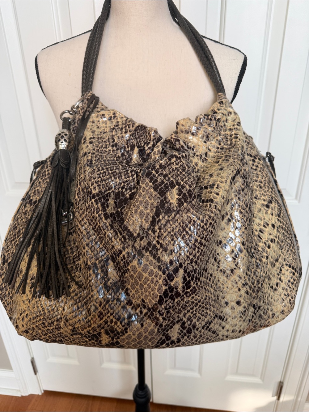 Brighton Nolita Python-Print Hobo Shoulder Bag in Brown and Cream